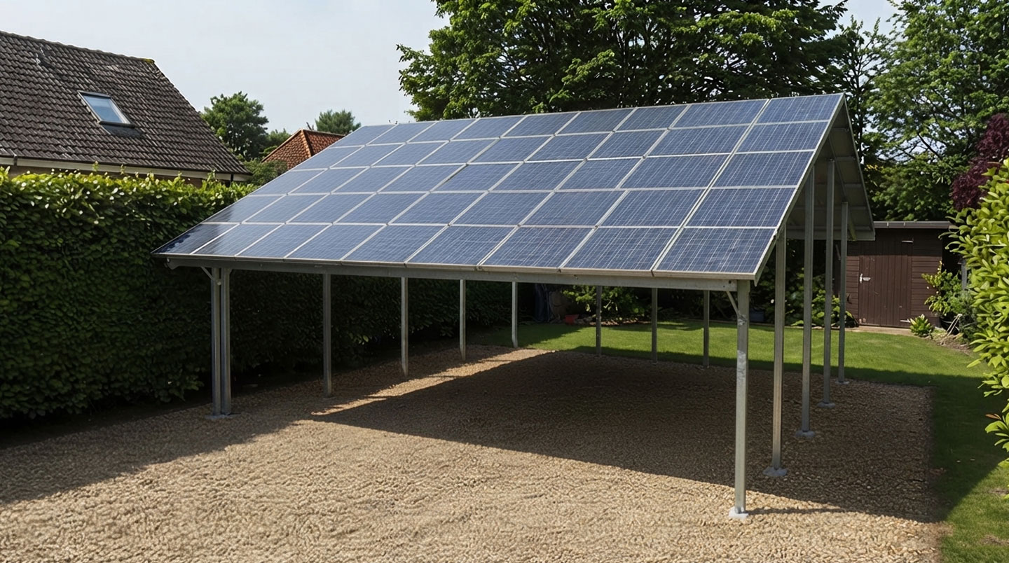 Solar surveyor on UK roof using digital inclinometer and tablet to assess orientation and shading from neighbouring properties and trees