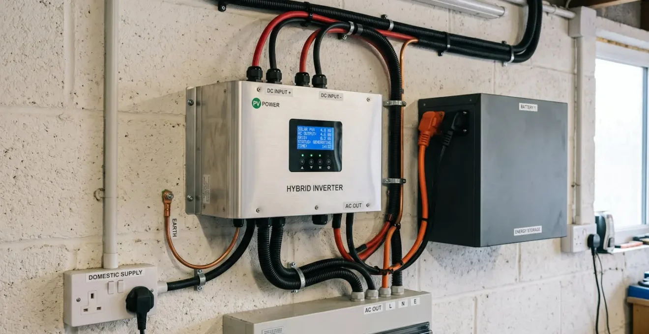 Hybrid solar inverter and LiFePO4 battery unit mounted on UK garage wall showing LED display, DC and AC cable connections, and professional installation standards
