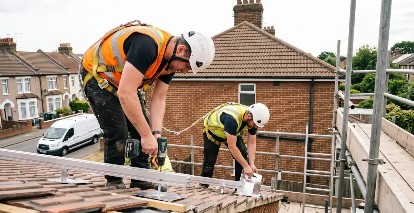 MCS installers on scaffolding securing aluminium mounting rails with waterproof flashing to UK pitched roof while wearing safety harnesses