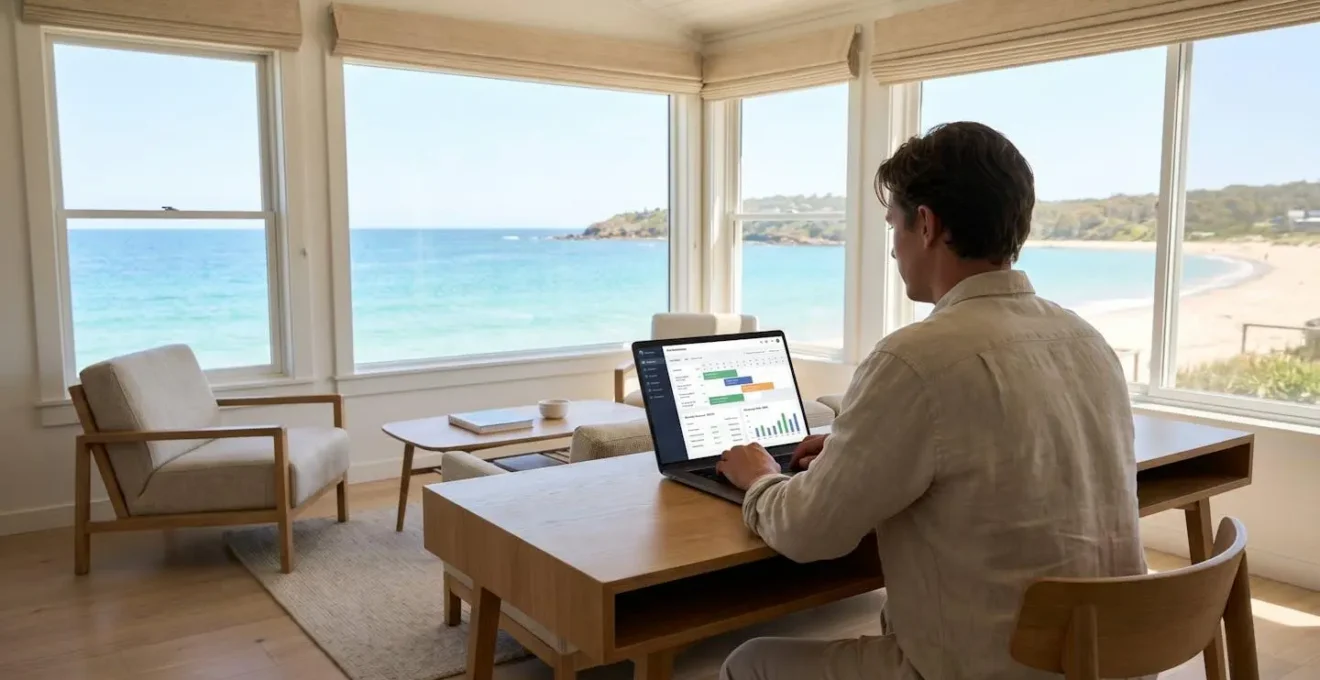 Property owner working on laptop displaying holiday rental booking calendar and revenue data in bright coastal cottage interior