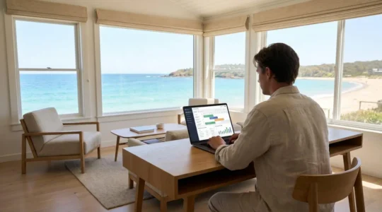 Property owner working on laptop displaying holiday rental booking calendar and revenue data in bright coastal cottage interior