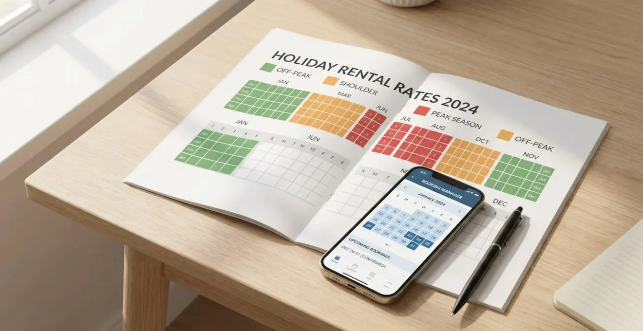 Seasonal pricing calendar with color-coded rates and booking app interface on clean desk surface