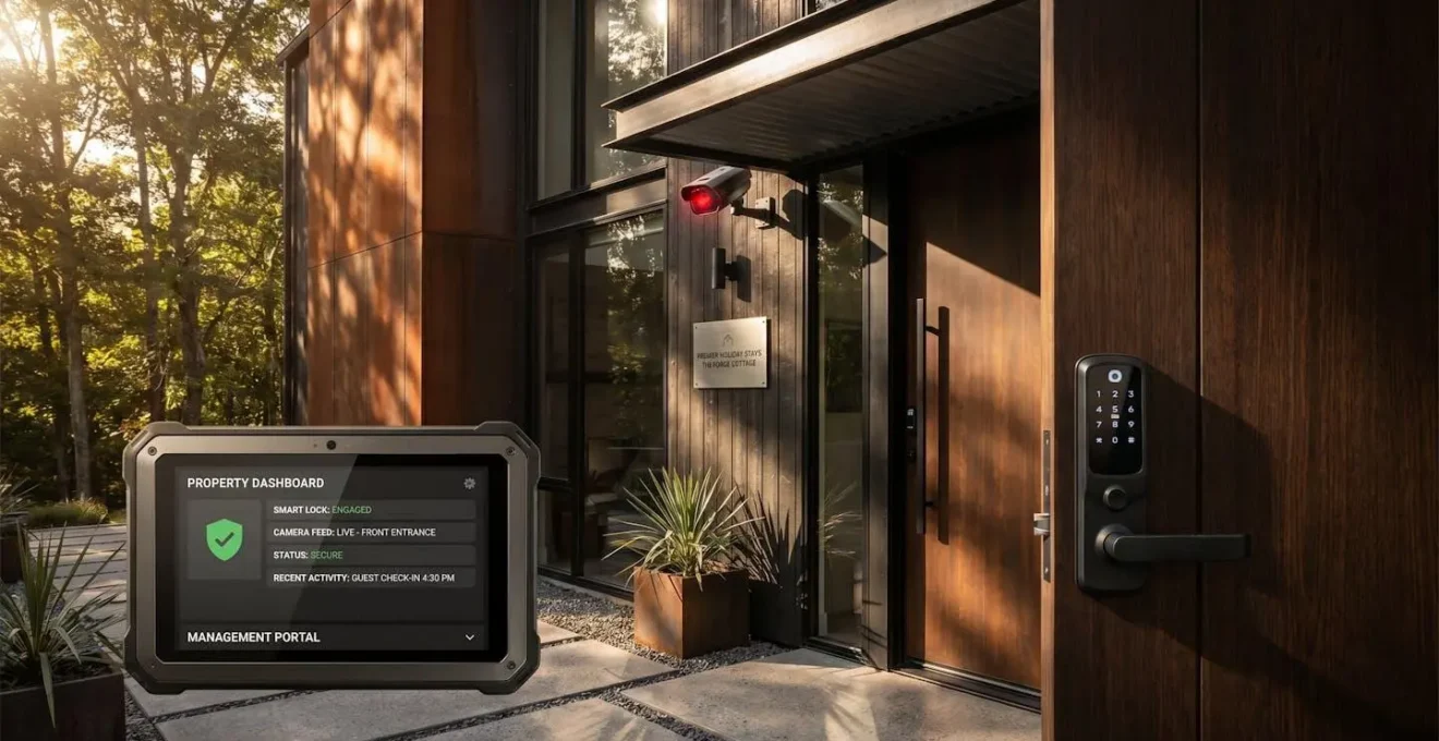 Smart lock and security camera installation at modern holiday cottage entrance with management interface visible