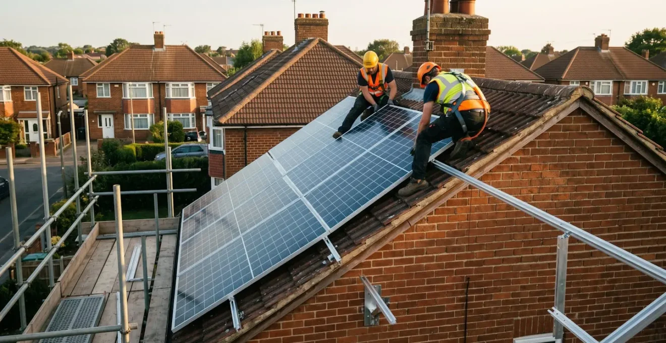 Two solar installers in safety harnesses securing monocrystalline photovoltaic panels onto pitched roof of UK semi-detached house with scaffolding and mounting rails visible