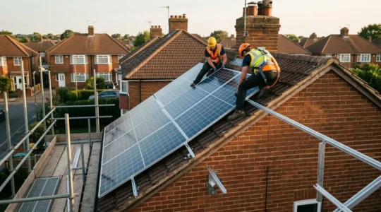 Two solar installers in safety harnesses securing monocrystalline photovoltaic panels onto pitched roof of UK semi-detached house with scaffolding and mounting rails visible